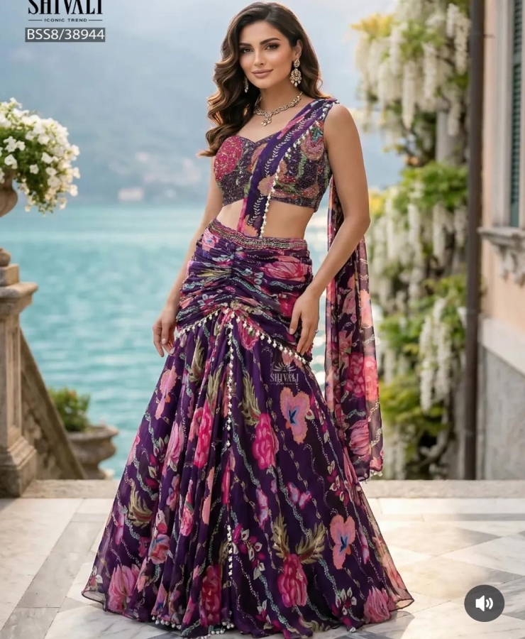 New flower print drape lahange