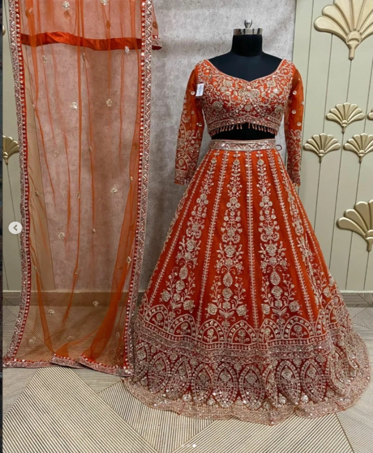 New orange 3/4 sleeves golden touch lahanga