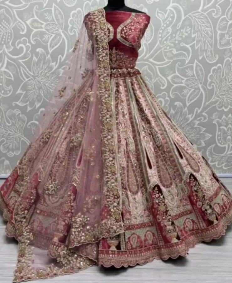 Pink double shade more print bridal Lahanga