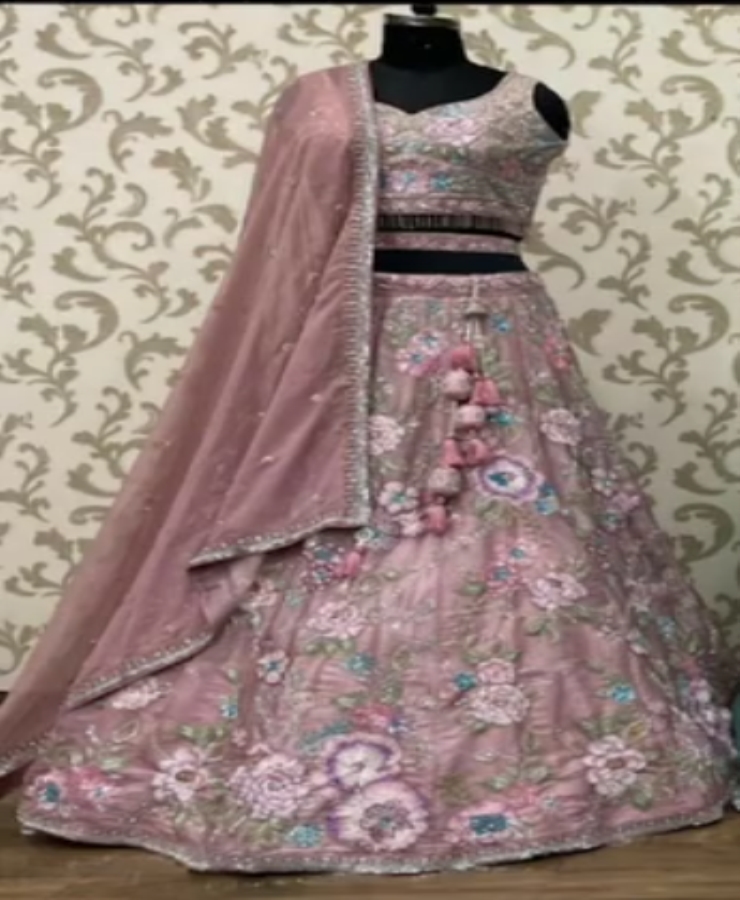Peach 3D Hand Work Lahanga