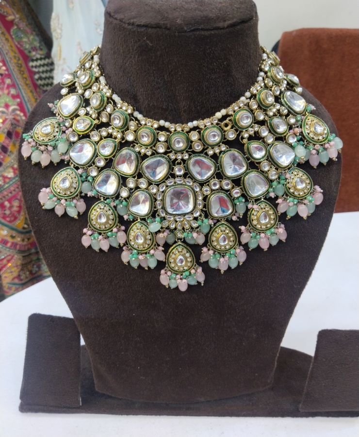 bridal mint and pink Kundan set