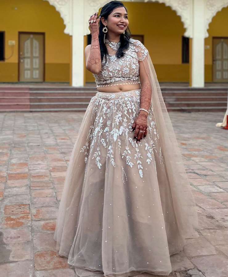 New golden net lahanga 3 pc one side neck pattern