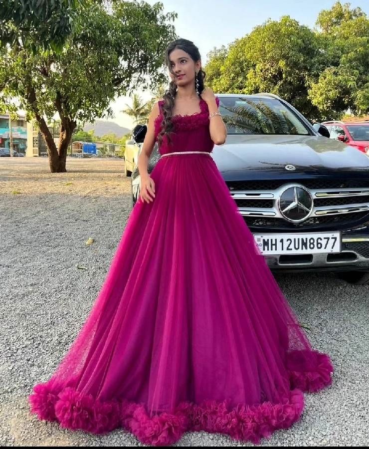 Cherry red hot pink one shoulder frill gown