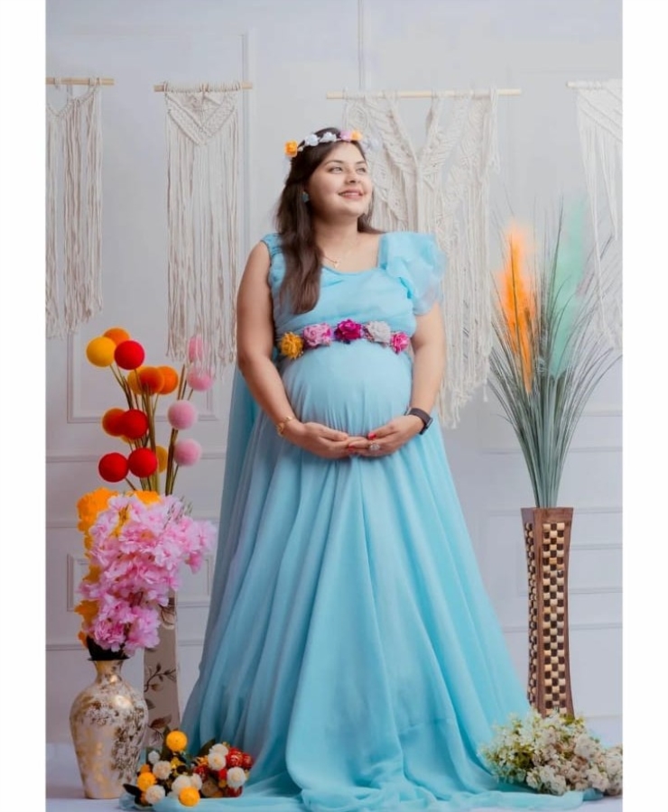 Sky blue georgette tail gown attache duppata