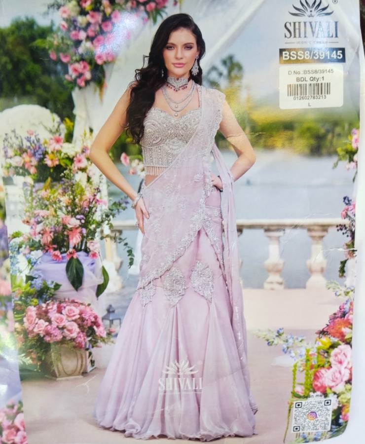 Pink chinono new handwork drape white work